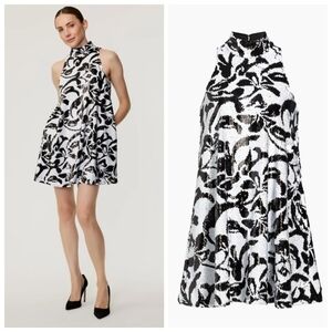 New Toccin Elizabeth Sequined Floral Shift Black/White Mini Dress NWT Size 12